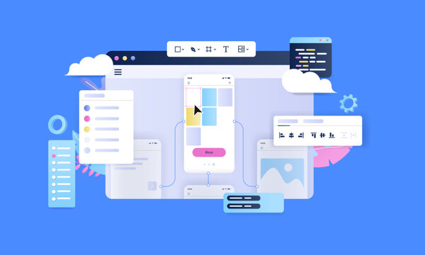 UX mobil design prototype software - Computer browser screen working on app and web layout in design tool for professionals. Semi flat design vector illustration with blue background