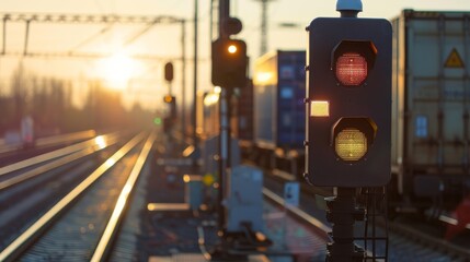 Eco-friendly solar-powered railway signal during sunset - obrazy, fototapety, plakaty