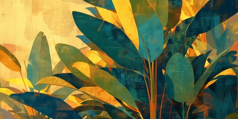 A detailed digital painting of an abstract, multilayered composition featuring multiple large leaves in shades of green and gold.