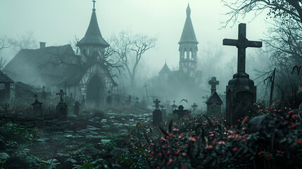 graveyard in the 17th century dark style, Generative Ai - obrazy, fototapety, plakaty