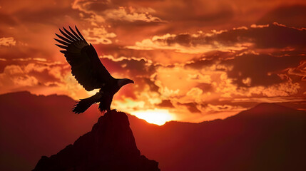 Silhouette of a regal eagle outlined against a fiery dawn sky, with soft clouds and distant...