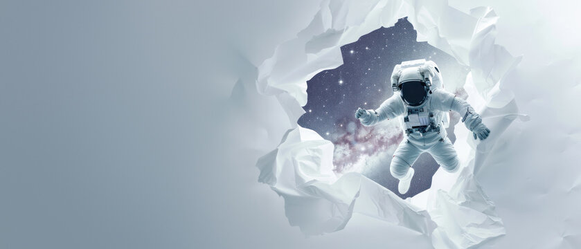 This striking image shows an astronaut bursting through a paper wall, symbolizing new discoveries