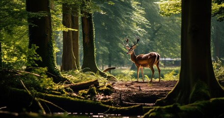 a beautiful nature shot in a forest, can see a dear looking back in the very very far distance