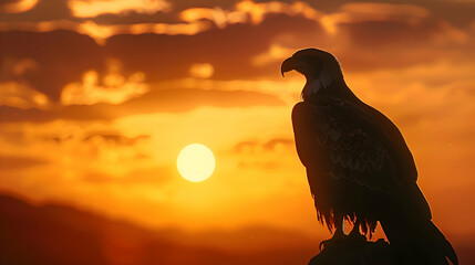 Fototapeta premium Silhouette of a regal eagle outlined against a fiery dawn sky, with soft clouds and distant mountains in the backdrop