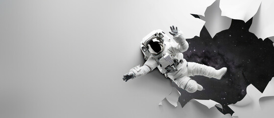 Art piece showing an astronaut in a free-fall pose tearing through paper into a star-filled space, evoking freedom - obrazy, fototapety, plakaty