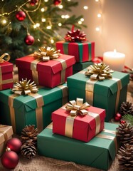 Fototapeta na wymiar Pile of wrapped Christmas gifts adorned with golden ribbons against a festive backdrop, symbolizing generosity and celebration.