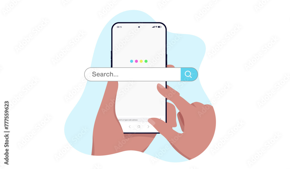 Aufkleber searching online on mobile phone - smartphone screen with search engine and hand ready to do a searc