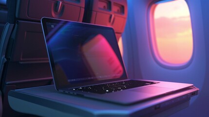 Mockup of a laptop on an airplane tray table. - obrazy, fototapety, plakaty