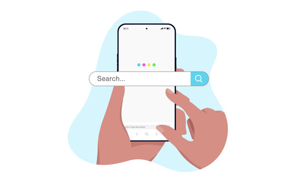 Searching online on mobile phone - Smartphone screen with search engine and hand ready to do a search. Flat design vector illustration graphic with white background