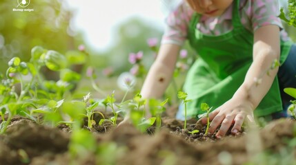 Child in bright green apron gardening, planting saplings in soil