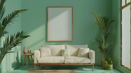 an image wall for a contemporary living room using AI, emphasizing a mockup frame, green background, and an isolated sofa attractive look