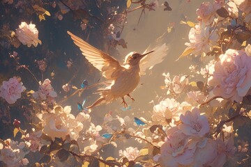 A hummingbird flying in the air between roses and other flowers, dreamy fantasy
