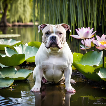 A Cool American Bully with a serene expression sitting beside a tranquil pond surrounded by weeping willow trees and water lilies