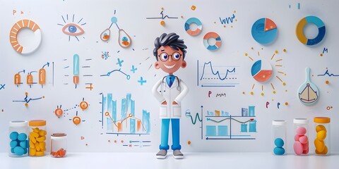 Medical Chart Character Analyzing Recovery Progress and Mapping Data on White Background