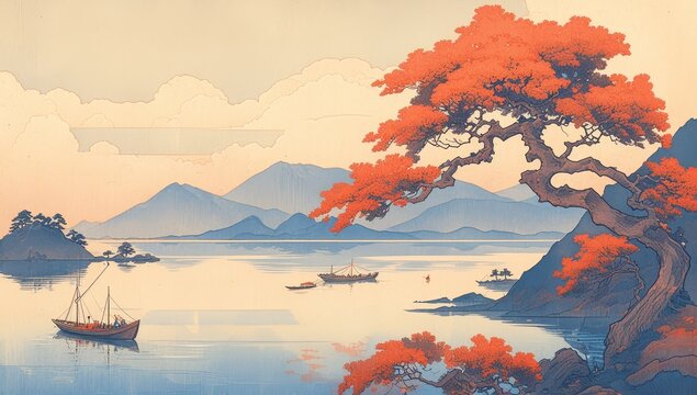 A Japanese landscape, depicting mountains and trees with red leaves in the foreground, boats on the water surface, clouds above 
