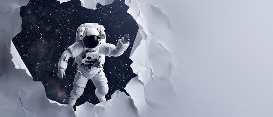 Dramatic depiction of an astronaut seeming to emerge from torn white paper into a background of deep space and stars