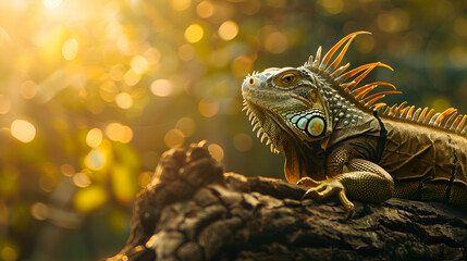 Striking iguana perched on a gnarled tree branch, its scales glistening under the golden rays of sunlight, offering plenty of space for your captivating words