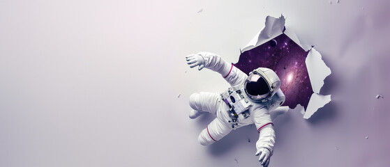 A lone astronaut appears to cross through a purple hued cosmic tunnel on breaking through the wall