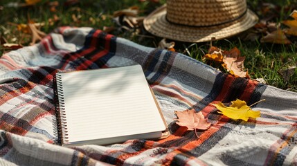 Mockup of a notepad on a picnic blanket.