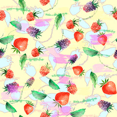 Vintage seamless watercolor pattern. Berry set - raspberries, blackberries, Strawberry, wild strawberries, green leaves, branches. Graphic background, trendy line design. Botanical illustration. 