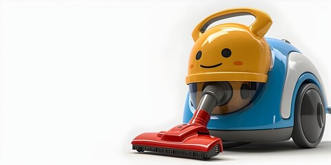 A cheerful and friendly vacuum cleaner character is shown sucking up the chaos and mess with its powerful suction