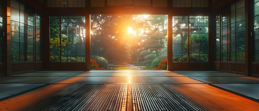 Digital art of tatami mats in a traditional dojo setting. Concept Digital Art, Tatami Mats, Traditional Dojo, Japanese style, Interior Design