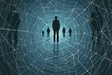 Businessman in center of spider web network with connecting lines to other businessmen, representing partnership, collaboration and teamwork