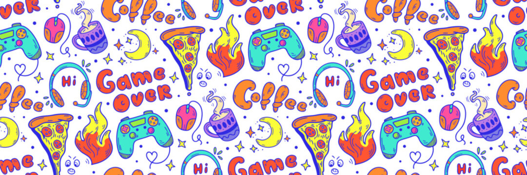 Game over seamless pattern. Hand Drawn Doodle teen activities, gamepad, coffee, pizza. Video Games and stream channel Background. Gadget icons Gaming cool print for boys and girls. Vector illustration