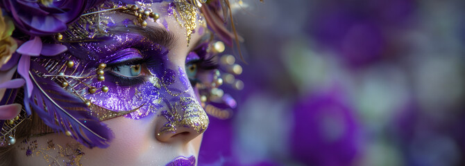 A detailed image capturing the essence of carnival through a woman's decorated face in purple and gold hues with copy space