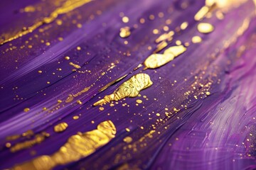 A close-up image showcasing a vibrant texture created by streaks of purple and gold paint on a...