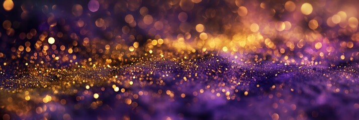 A captivating image displaying a bokeh effect of numerous sparkling lights in purple and gold hues