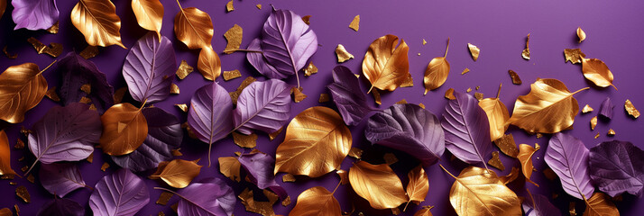 Widescreen image of luxurious purple leaves adorned with gold flakes gently scattered