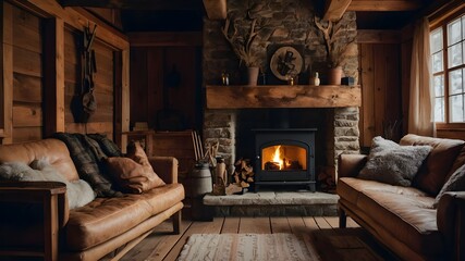 A cozy and rustic room interior with warm wooden accents and a crackling fireplace, perfect for a winter retreat.