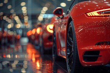 High-End Car Dealership with Sleek Models in Soft Lighting The blurred edges of luxury vehicles hint at speed
