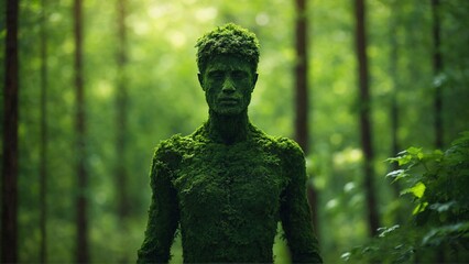 a green moss human silhouette merges with the forest, symbolizing people connection with the environment, eco-consciousness concept
