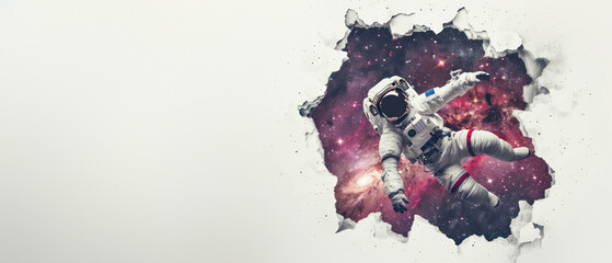 Astronaut appears to reach out into a star-filled expanse beyond a torn paper wall, signifying aspiration and mystery