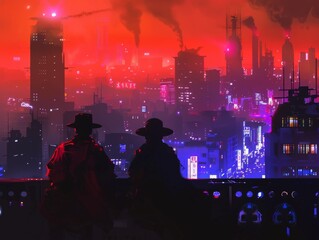 A detective duo, in silhouette, overlook the neonlit skyline of a futuristic city, pondering their next move