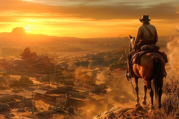 A cowboy and his horse, on the crest of a hill, look out over a sprawling desert town as the sun sets behind them - obrazy, fototapety, plakaty