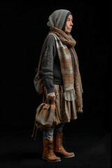 Naklejka premium Elderly Woman Embraces Winter Fashion with Warm Accessories Banner