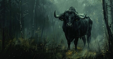 a black bull in dark forest 