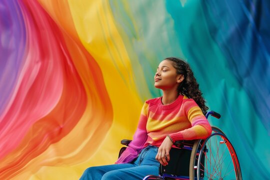 handicapped black girl on pride with a lot of negatiive space, banner for disability awareness month