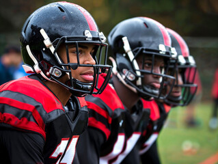 Side angle of American high school football players ready in equipment.