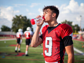 High school boy drinking water on sidelines during American football game.