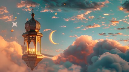 Lantern light beneath the Eid crescent and clouds..