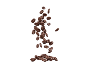 Falling roasted coffee beans isolated on transparent background