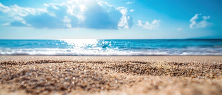 Ultrawide Sand Beach closeup Photo With Clear Blue Sky On Sunny Summer Day