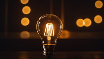 The same incandescent bulb stands out against a bokeh backdrop, highlighting its design and the warm light it emits. Its presence is symbolic of clarity amidst obscurity. AI generation - obrazy, fototapety, plakaty