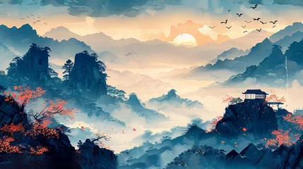 Poster Traditional Chinese landscape painting. Traditional Chinese pattern background, heavy rain in the rainy season, flying swallows, distant mountains and rivers. Generated AI. © Stallonechris