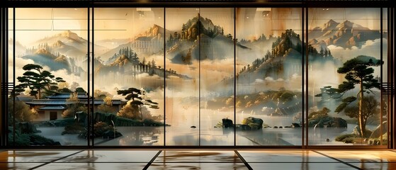 Traditional Japanese Room with Gold-Backed Paintings on Higashiyama Screens. Concept Japanese Architecture, Gold Leaf Art, Higashiyama Screens, Traditional Interior Design
