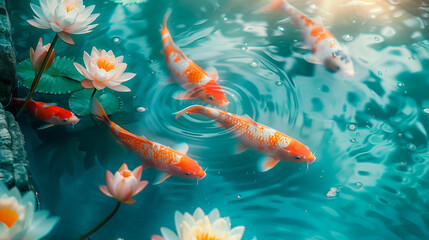 Ethereal Water Oasis: Golden Koi Fish Gliding Through Sapphire Waters, Lotus Blooms Adorning Tranquil Pond, Sunlight Dancing in Aquarium.